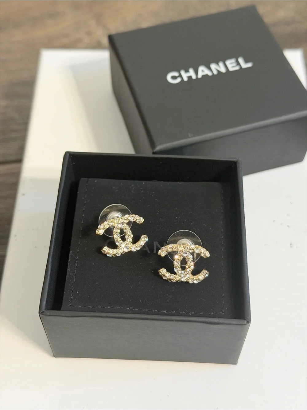 CHANEL Gold Crystal CC Stud Earrings